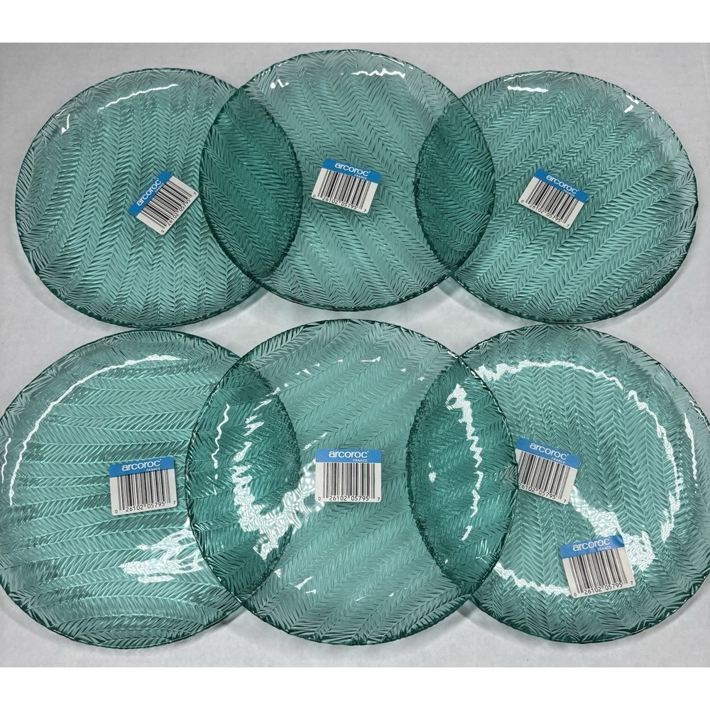6 VTG Arcoroc France Herringbone Ribbed Turquoise Teal Green‎ Plates SET LOT NWT